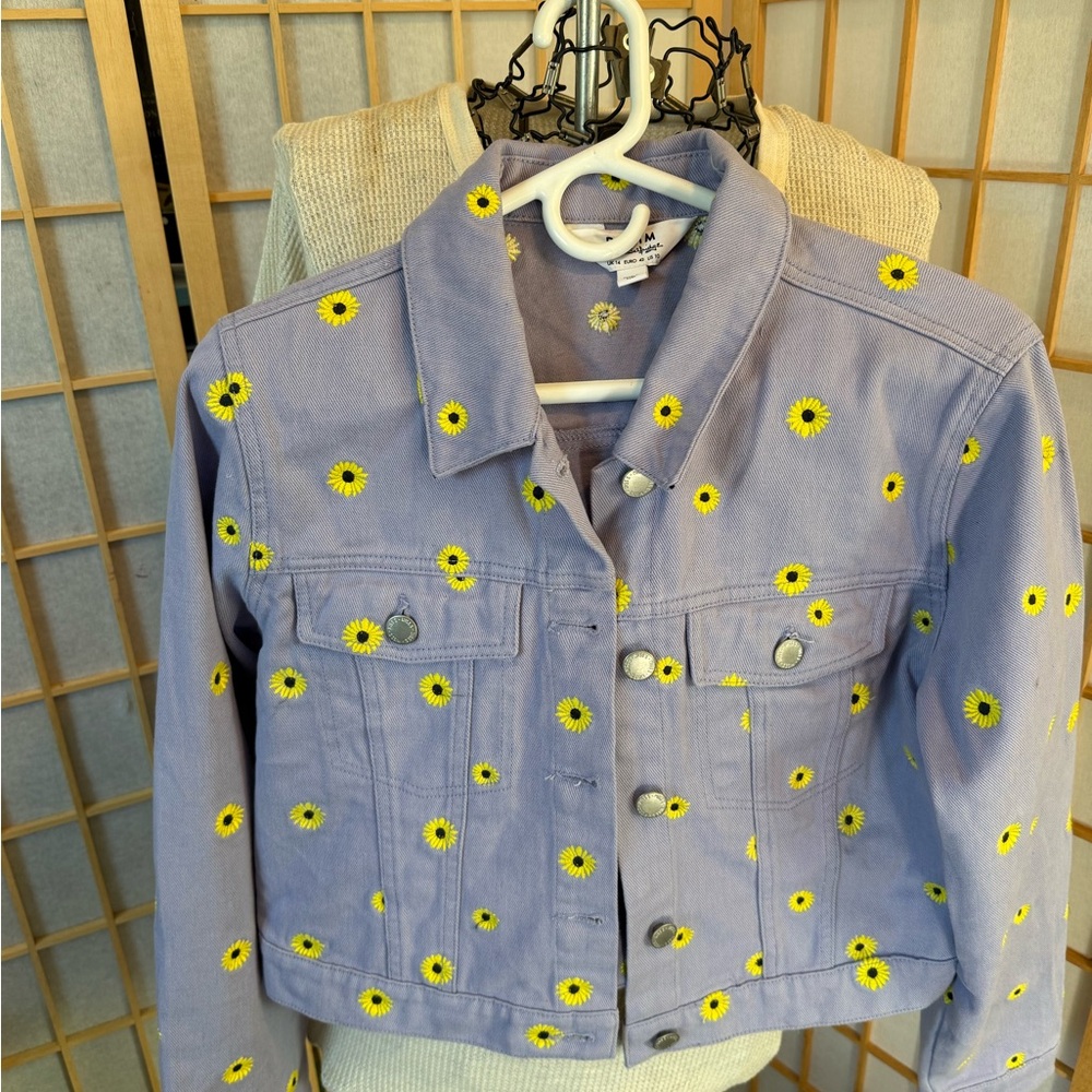 Miss Selfridge Lavender Crop Jean Jacket with Yellow Floral Accents